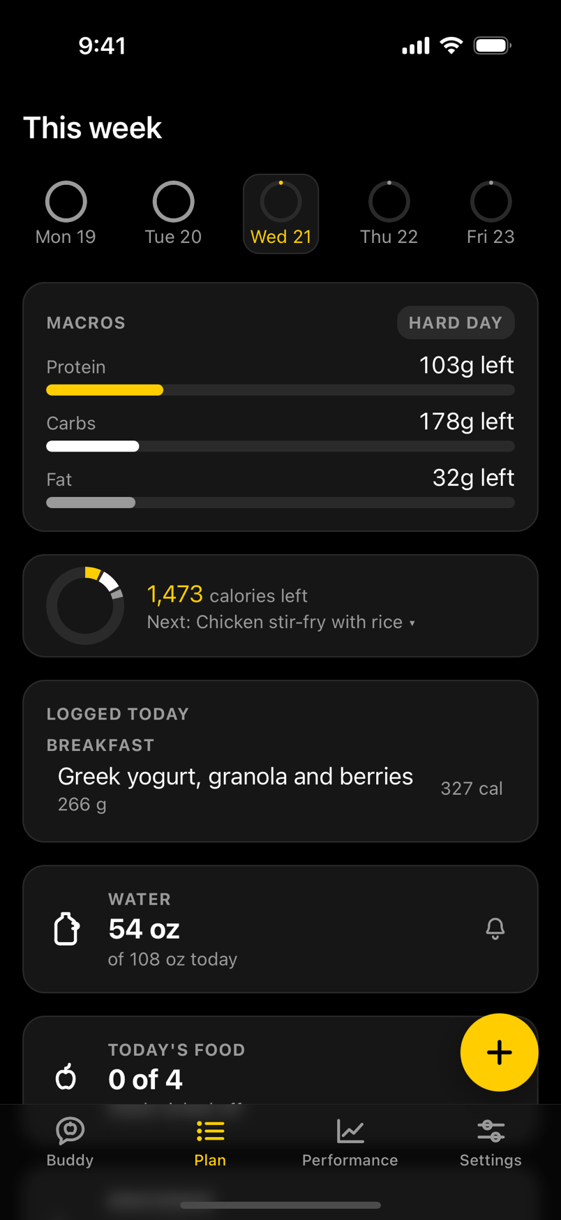 The Plan screen for a sample athlete: protein, carbs and fat left for a hard day, 1,473 calories left, breakfast logged, and 54 of 108 ounces of water.